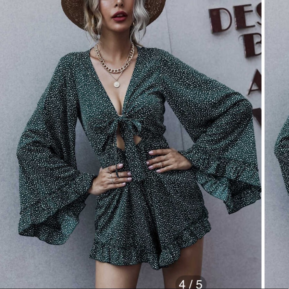 Shein Dot Print Tie Front Ruffle Hem Romper